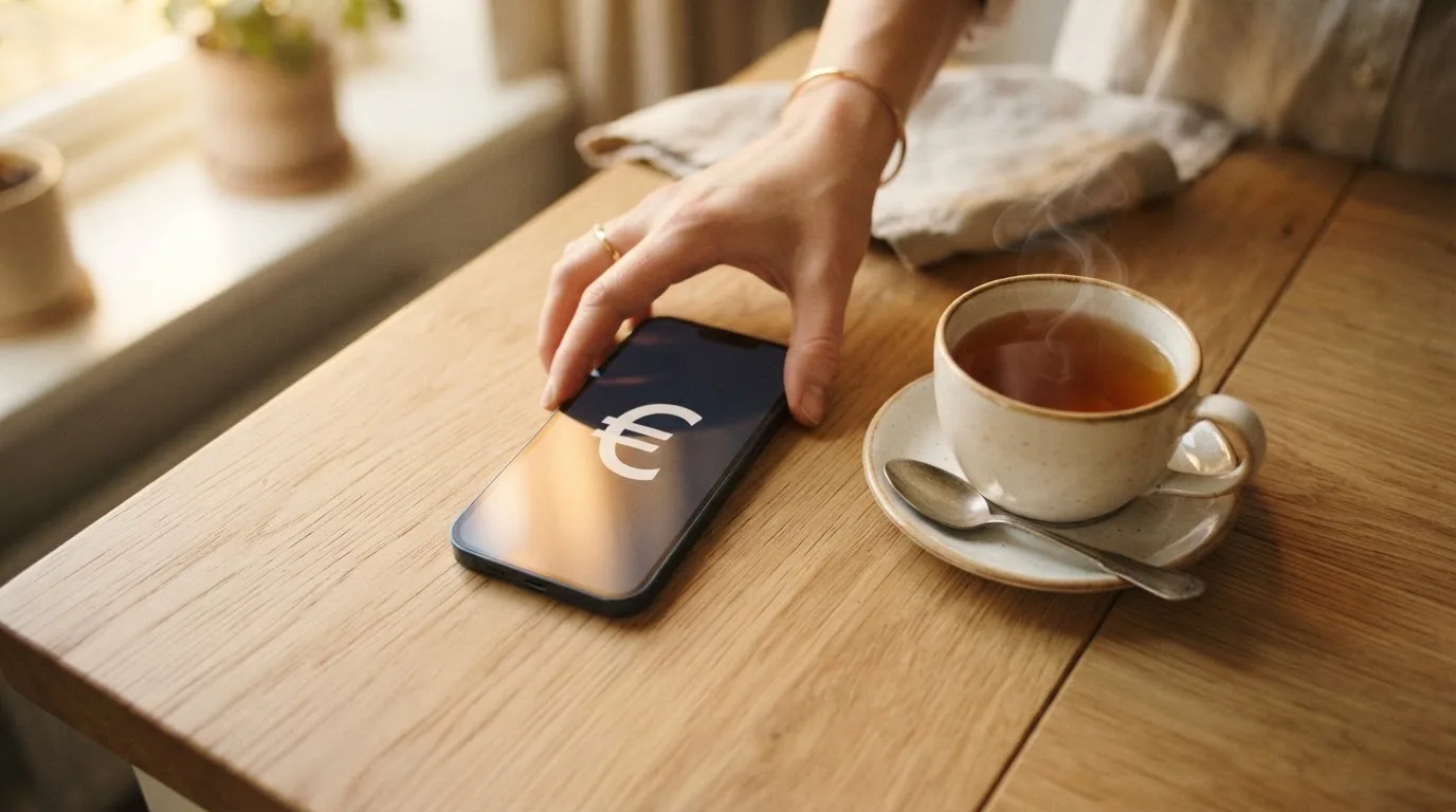Una mano deja un móvil junto a una taza de té sobre la mesa de la cocina, una tarde tranquila