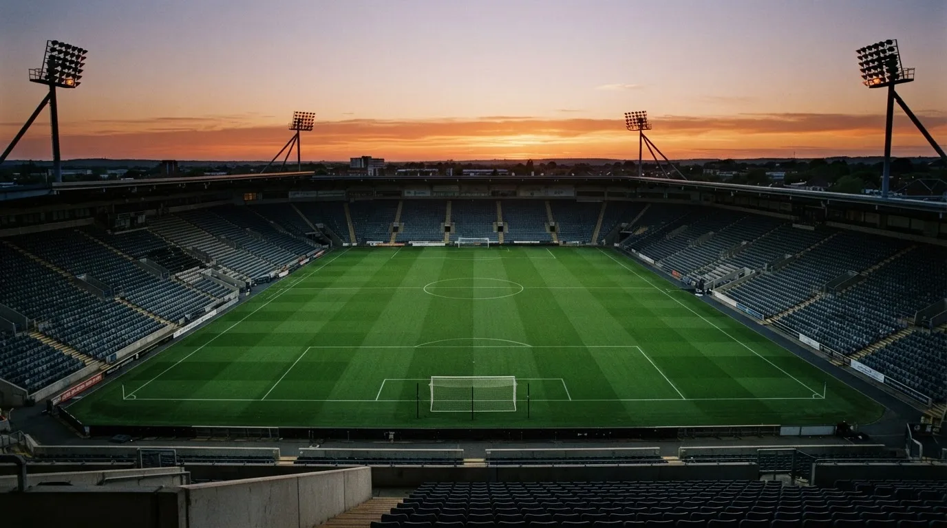 Un estadio de fútbol vacío con torres de iluminación al atardecer