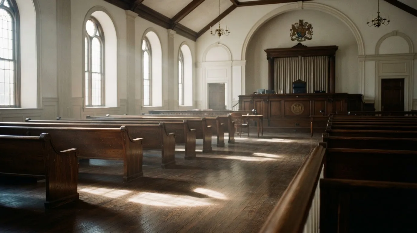 Una sala de tribunal vacía con bancos de madera a la luz de la mañana