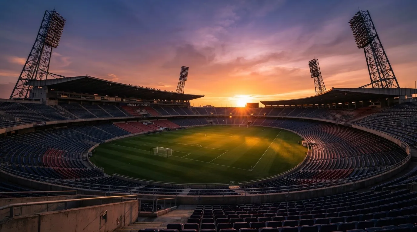 Un estadio de fútbol vacío con torres de iluminación al atardecer