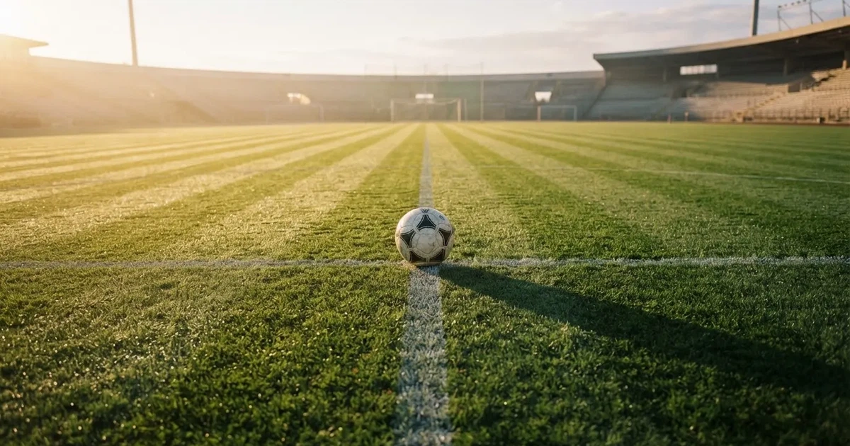 Un balón en el punto central de un campo de césped a la luz de la mañana