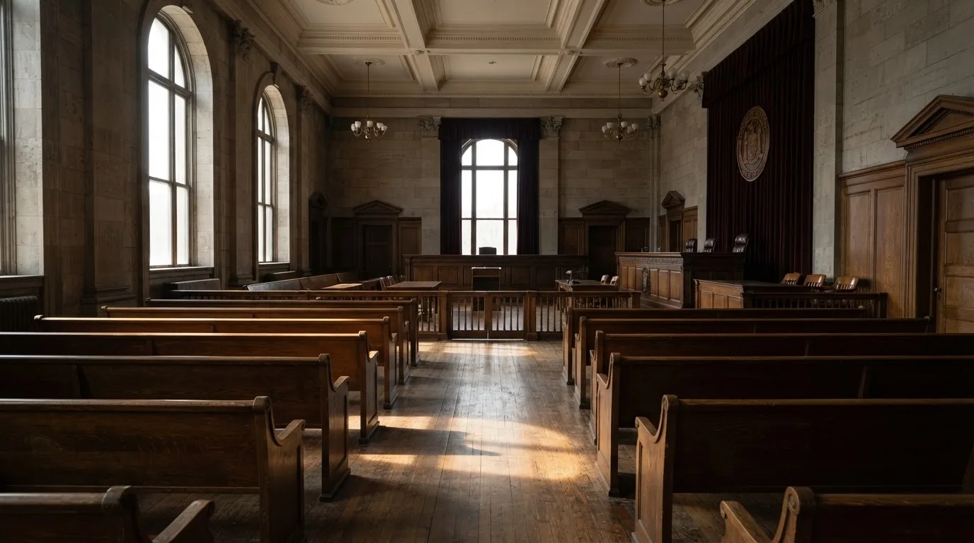 Una sala de tribunal vacía con bancos de madera a la luz de la mañana