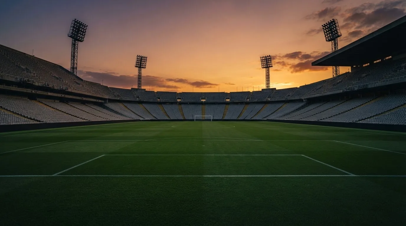Un estadio de fútbol vacío con torres de iluminación al atardecer