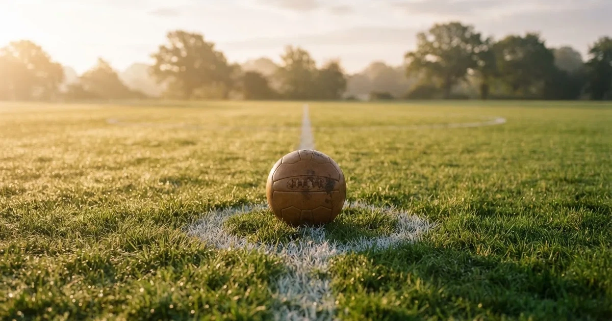 Un balón en el punto central de un campo de césped a la luz de la mañana
